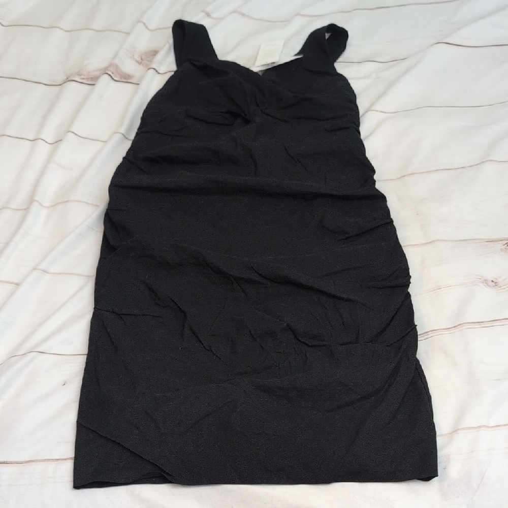 Eileen Fisher Cotton Steel Stitch Wrap Front Dress Black Size 8 NWT